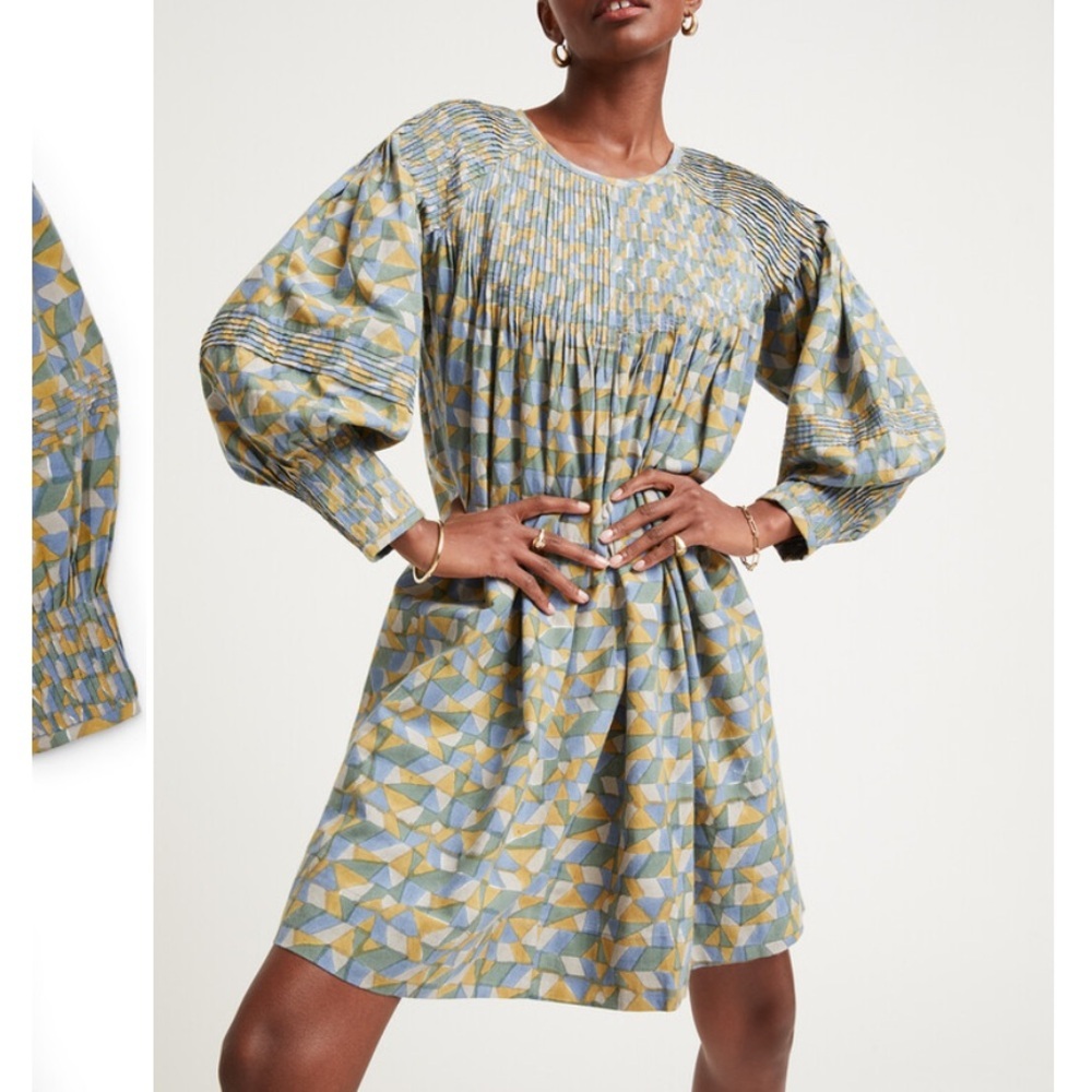 Mirth Kerala Short Dress In Parakeet Boho Pintucked Exaggerated Cotton - Picture 7 of 8